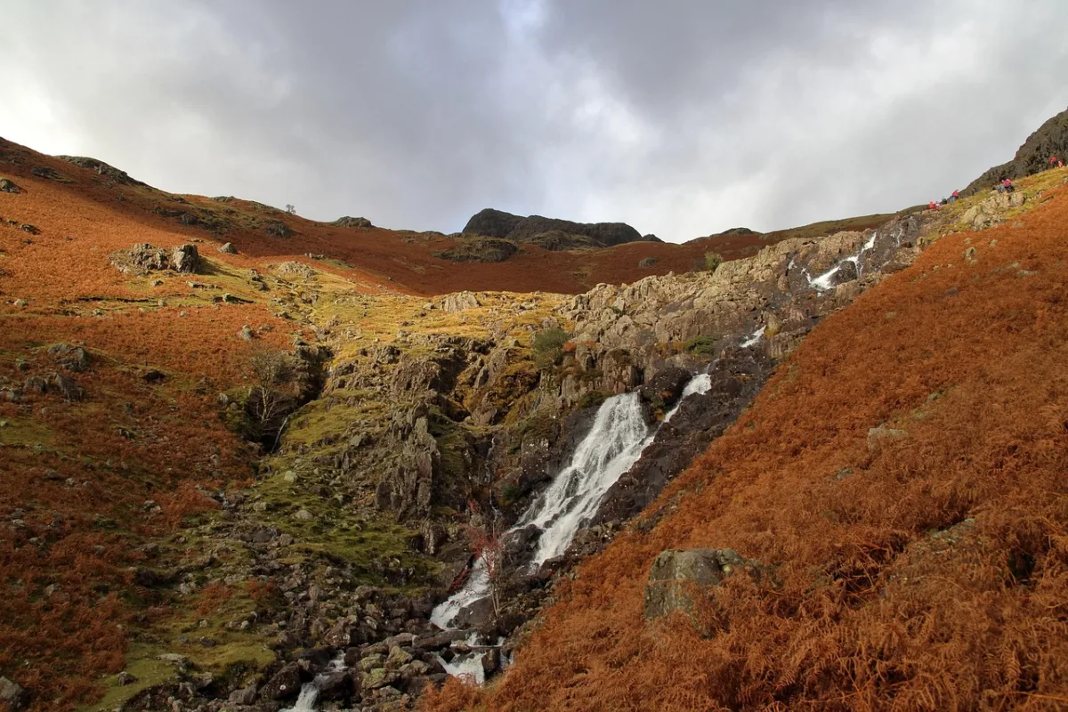 Hikers walking along a scenic British countryside path with rolling hills